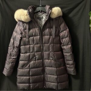 ANTONIO MELANI Women's Brown Puffer Jacket with Fur Hood